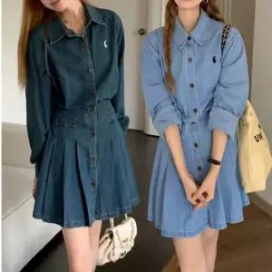 셀럽하우스 여자 잘록 허리밴딩 카라 데님원피스 진청 연청 A라인