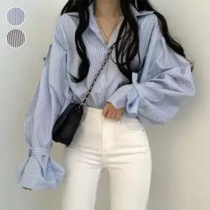셀럽하우스 2색 여성 페미닌 벌룬핏 스트라이프 루즈핏 남방 세로 셔츠