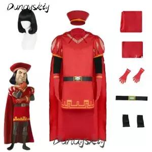 Lord Farquaad 프레 의상 세트 가발 모자 중세 기사 옷 레드 망토 검은 머리 롤 플레잉 남성용 복장