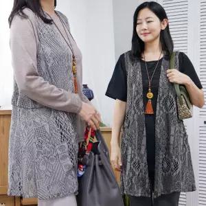 망사 레이스 오픈 롱 조끼 / 24SS04-2-1 / 봄, 여름 레이스 조끼 / 빅사이즈 / 엄마옷 / 실버다이아몬드