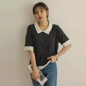 [66-110] 루제 줄지 배색 카라 오부 티