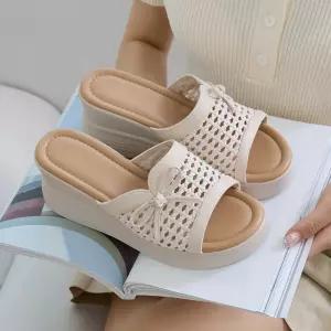 드리아 통굽 웨지힐 리본 뮬 슬리퍼 7cm