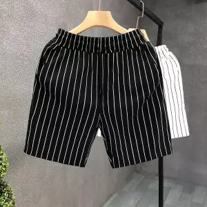 반바지 숏 팬츠 하프 여름 7부 남성 캐주얼 세로 줄무늬 트렌드 드로스트링 허리 심플 경량 무릎 길이 바지