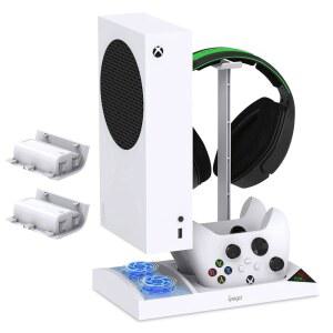 Xbox Series S용 업그레이드된 수직 냉각 팬 스탠드, 1400mAh 충전식 배터리 팩 2개가 장착된 쿨러 시스템 듀얼 컨트롤러 충전 도크 스테이션, 헤드폰 브래킷(흰색)