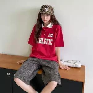 여자 데일리 캐주얼 오버핏 애슬레틱 럭비 카라 반팔 티셔츠