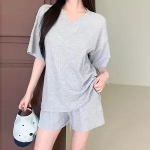 여자 미니멀 데일리 와플 브이넥 반팔 티셔츠 반바지 홈웨어 세트