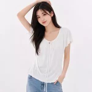 여성 여름 감각적인 외출 셔링 리본 스트랩 포인트 여리핏 반팔 블라우스