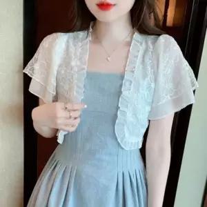 여성 여름 시스루 레이스 루즈핏 반팔 프릴 가디건