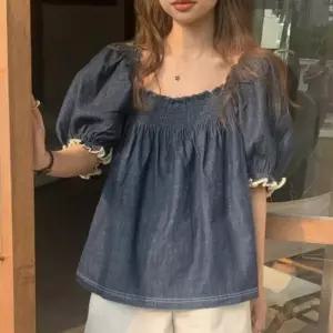 여성 여름 러블리 청 프릴 밴딩 벌룬 데님 블라우스