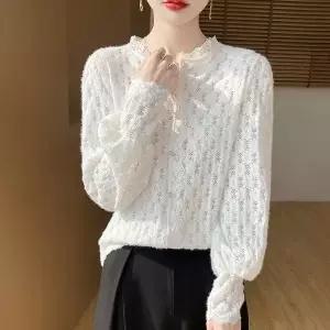 여성 네크라인 레이스트리밍 솔리드 플라워 자카드 펀칭 프렌치 트랜드 봄가을 정장 레이스 블라우스