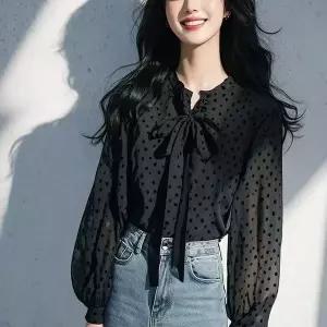 여성 땡땡이 리본 쉬폰 셔츠 봄가을 예쁜 긴팔 남방 블라우스 데일리룩