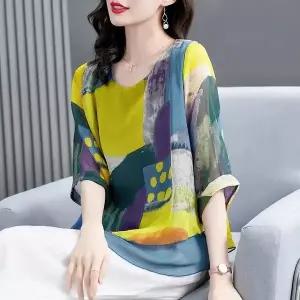 여성 라운드넥 7부 소매 루즈핏 프린트 쉬폰 블라우스 럭셔리 데일리 패션 상의