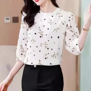 여성 라운드넥 7부 소매 블라우스 트랜드 심플 루즈핏 패션 엄마 셔츠 상의 도트 프린트 오피스룩