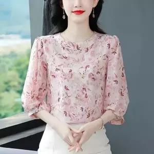 여성 라운드넥 7부 소매 플라워 프린트 쉬폰 블라우스 트랜드 엘레강스 오피스룩 상의