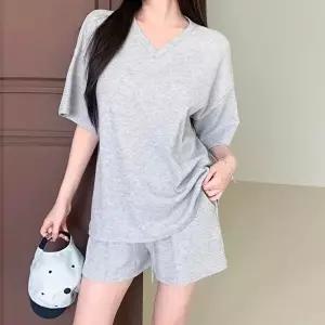 [옷자락]여자 미니멀 데일리 와플 브이넥 반팔 티셔츠 반바지 홈웨어 세트