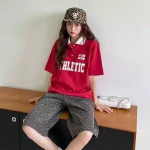 [옷자락]여자 데일리 캐주얼 오버핏 애슬레틱 럭비 카라 반팔 티셔츠