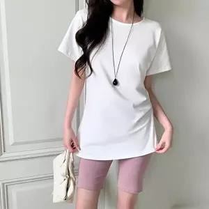 [옷자락]여자 데일리룩 사이드 셔링 포인트 슬림핏 롱 반팔 티셔츠