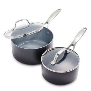뚜껑 세트가 있는 그린팬 프로 세라믹 논스틱 1 66QT & 3 3QT 소스팬 냄비, 하드 아노다이징 PFAS 프리 조리기구, 인덕션 올 쿡탑, 수프 소스, 식기세척기 및 오븐 600F까지 안전, 그레이