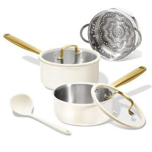 캐롯 1 5Qt 및 3 0Qt 스테인리스 냄비 세트 찜기 국자, 무독성 3겹 뚜껑, 작은 조리용 냄비, 오븐 안전, 인덕션 호환 조리기구