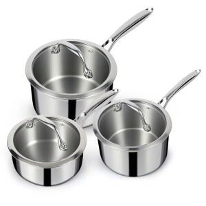 뚜껑이 있는 EWFEN 3겹 스테인리스 소스 팬 세트, 1 & 2 3 쿼트 다용도 조리 냄비, 스테이 쿨 핸들, 인덕션 오븐 식기세척기 안전, 1QT 2QT 3QT
