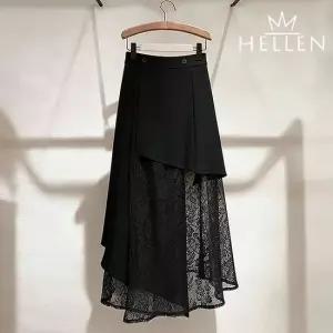 [헬렌] 언발란스 레이스 레이어드 스커트 롱 치마 블랙 시스루 봄 여름 바네사언발스커트 T-119