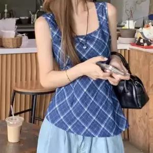 셀럽하우스 민소매 스퀘어넥 체크 백오픈 롱티셔츠 블라우스