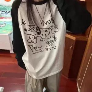 셀럽하우스 프린트 나그랑 긴팔 배색 오버핏 티셔츠
