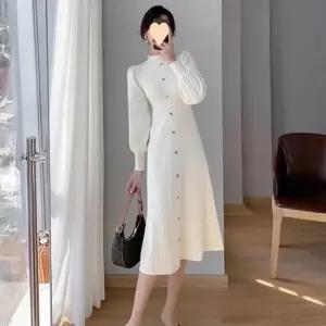 셀럽하우스 여성 하이넥 스타일 초봄 가을 벌룬 스타일 니트 롱 터틀넥 원피스