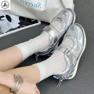 [애슬릿] 메리제인 운동화 소가죽 실버 메탈릭 메쉬 발레코어 키높이 4.5cm