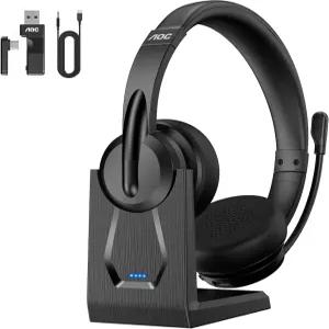업무용 마이크가 장착된 AOC 무선 헤드셋 AI 노이즈 캔슬링 블루투스 5.4 USB A/C 동글 충전 베이스 및