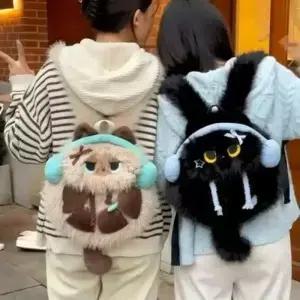 귀여운 샴 고양이 플러시 백팩 헤드폰 모양의 동물 숄더백 사실적인 외관 부드러운 학생용 가방