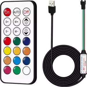 RGBZONE DC 5V USB LED 컨트롤러 21키 RF 무선 리모컨 1M/3.3FT 3핀 WS2812 드림 컬러 스트립 조명