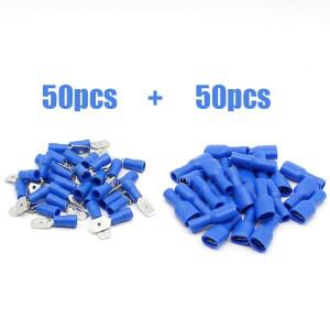 FDFD2-250 x 50 16-14AWG 파란색 절연 스페이드 크림프 와이어 케이블 커넥터 터미널 남성/여성 키트 100피