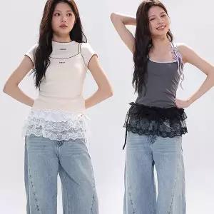 [하프클럽/]여성 레이스 레이어드 페이크 밑단 스커트 로맨틱