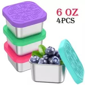 4Pcs 2/6oz 스낵 컨테이너 실리콘 뚜껑이있는 스테인레스 스틸 샐러드 상자 누출 방지 휴대용 쌓을 수있는
