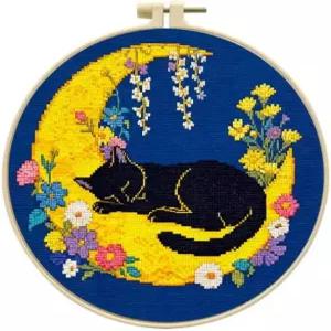 LSLFQYQSK 초보자 자수 키트 밤의 작은 고양이 DIY 크로스 스티치 스탬프 플라워 패턴 후프 컬러 실 도구