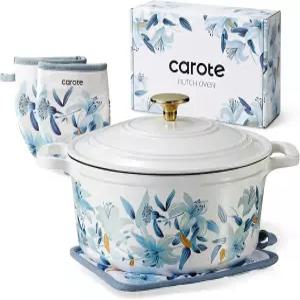 CAROTE 5 QT 주철 더치 오븐 뚜껑 포함 에나멜 플로럴 면 포트홀더 및 장갑 선물 상자 사워도우 빵 굽기용
