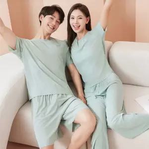 커플 여름 상하세트 아이스 원단 반팔 반바지 홈웨어 허리 바지 조기 그레이 베이지
