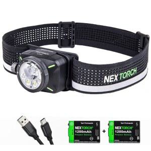 넥스트오치 ESTAR 1300 루멘 헤드램프 충전식 러닝 LED 헤드라이트 추가 경량 레드 라이트 야외 캠핑 하이킹 작업용 방수 헤드밴드 2 * 1200MAH USB-C 충전 블랙