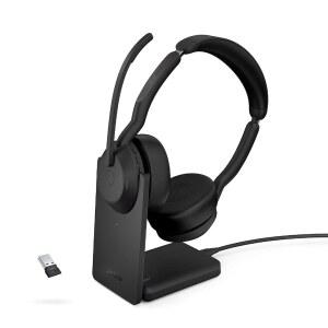 자브라 EVOLVE25 55 스테레오 무선 헤드셋 액티브 기술, - 같은 충전 작동 MEET와 플랫폼과 함께 BLACK GOOGLE ZOOM 노이즈 UC 캔슬링 및 마이크 스탠드, 에어컴포트