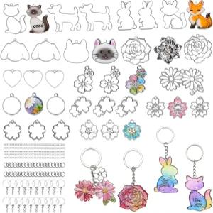 렛츠 레진 키체인 몰드 37Pcs 초보자를 위한 실버 UV 열쇠고리 보석 및 펜던트 제작을 오픈 베젤 플라워