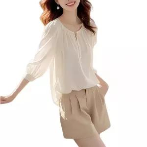 여성 라운드넥 노카라 솔리드 심플 프렌치 루즈핏 오피스룩 7부 소매 쉬폰 블라우스