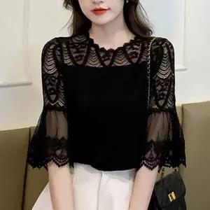 여성 라운드넥 레이스 펀칭 칠부소매 얇은 루즈핏 캐주얼 쉬폰 블라우스 R0031324
