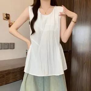 여성 라운드넥 솔리드 a라인 밑단 플레에 트랜드 코디네이터 슬리브리스 루즈핏 블라우스