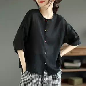 여성 라운드넥 솔리드 셔츠 린넨 빈티지 심플 데일리 반팔 블라우스