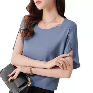 여성 라운드넥 솔리드 심플 오피스룩 패션 트랜드 코디네이터 데일리 쉬론 반팔 블라우스