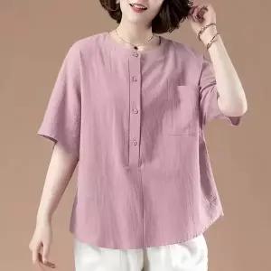 여성 라운드넥 순면 중년 엄마 반팔 솔리드 심플 데일리 루즈핏 반소매 블라우스