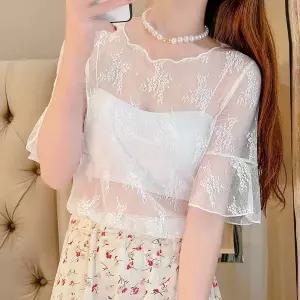 여성 라운드넥 시스루 블라우스 플레어 소매 레이스 플라워 자카드 망사 티셔츠 반팔티 엘레강스 이너 톱