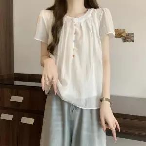 여성 라운드넥 심플 트랜드 버튼 포인트 코디네이터 큐티 데일리 쉬폰 반팔 블라우스