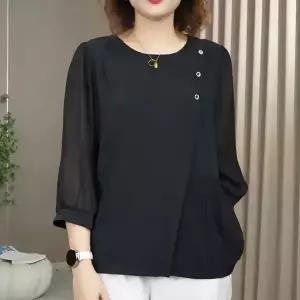 여성 라운드넥 언발란스 앞단 플리츠 패치워크 패션 스타일리시 루즈핏 솔리드 빅사이즈 망사 7부소매 블라